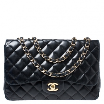 Pre Owned Chanel Black Quilted Leather Jumbo Classic Single Flap Bag