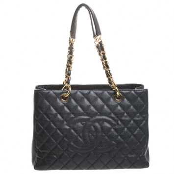 Pre Owned Chanel Black Quilted Caviar Leather Grand Shopper Tote