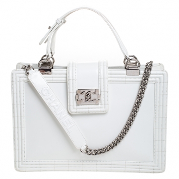 Pre Owned Chanel Off White Patent Leather Reverso Boy Tote