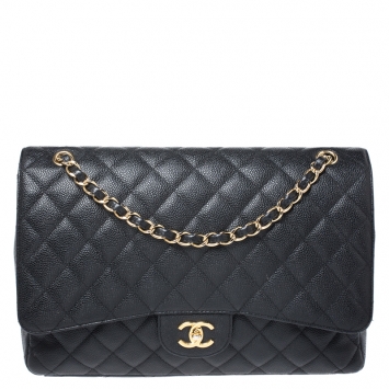 Pre Owned Chanel Black Quilted Caviar Leather Maxi Classic Single Flap Bag