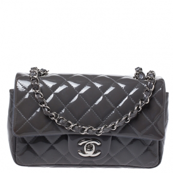 Pre Owned Chanel Grey Quilted Patent Leather Mini Flap Bag