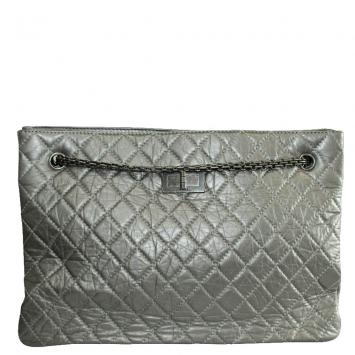 Pre Owned Chanel Grey Quited Leather Metallic Reissue Tote Bag