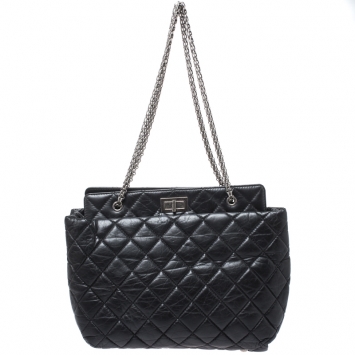 Pre Owned Chanel Black Quilted Aged Calfskin Leather Large Reissue Tote