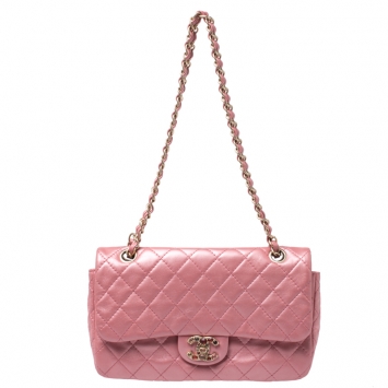 Pre Owned Chanel Metallic Pink Quilted Leather Crystal CC Single Flap Shoulder Bag