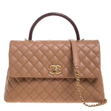 Pre Owned Chanel Beige/Maroon Caviar Leather and Lizard Medium Coco Top Handle Bag