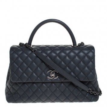 Pre Owned Chanel Grey Quilted Caviar Leather Large Quilted Coco Top Handle Bag