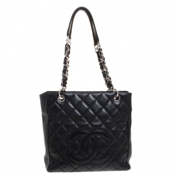 Pre Owned Chanel Black Quilted Caviar Leather Petite Shopping Tote