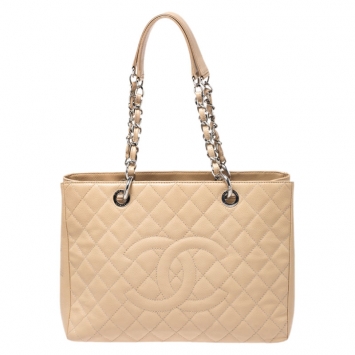 Pre Owned Chanel Beige Quilted Caviar Leather Grand Shopping Tote