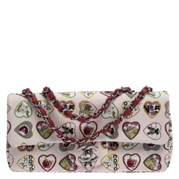 Pre Owned Chanel Multicolor Heart Printed Canvas Vintage Valentine Small Classic Single Flap Bag