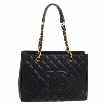 Pre Owned Chanel Black Quilted Caviar Leather Grand Shopper Tote