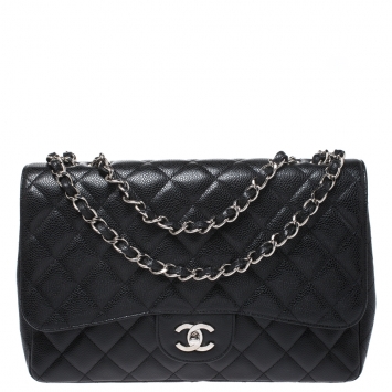 Pre Owned Chanel Black Quilted Caviar Leather Jumbo Classic Single Flap Bag