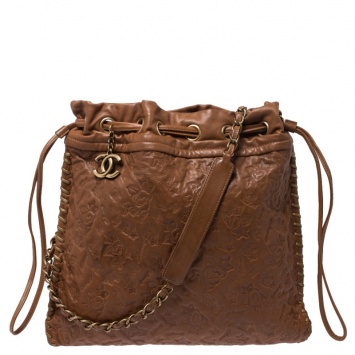 Pre Owned Chanel Brown Floral Embossed Leather Drawstring Bag