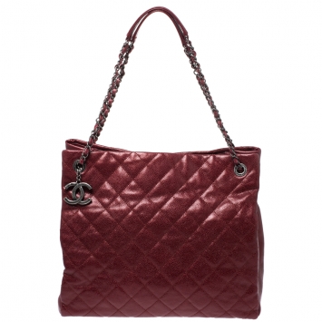 Pre Owned Chanel Metallic Red Caviar Leather Shopper Tote