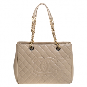 Pre Owned Chanel Beige Quilted Caviar Leather Grand Shopper Tote