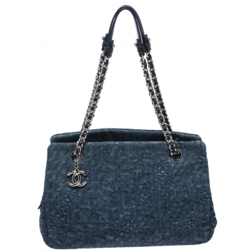 Pre Owned Chanel Blue Camellia Denim Just Mademoiselle Bowler Bag