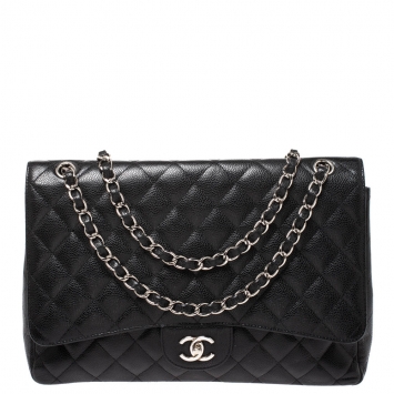 Pre Owned Chanel Black Quilted Caviar Leather Maxi Classic Single Flap Bag