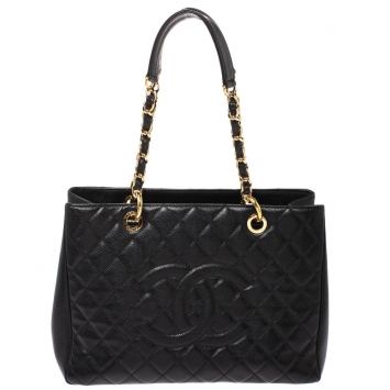 Pre Owned Chanel Black Quilted Caviar Leather Grand Shopper Tote