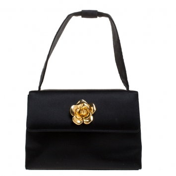 Pre Owned Chanel Black Satin Gold Camellia Vintage Small Bag