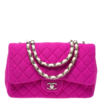 Pre Owned Chanel Pink/White Quilted Perforated Jersey Jumbo Classic Single Flap Bag         