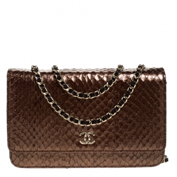 Pre Owned Chanel Metallic Brown Python Classic WOC Clutch Bag