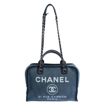 Pre Owned Chanel Blue Denim and Leather Deauville Bowler Bag