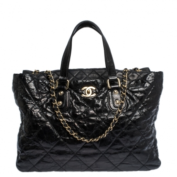 Pre Owned Chanel Black Quilted Glazed Leather Large Portobello Tote