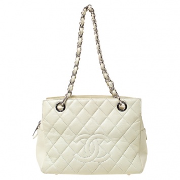 Pre Owned Chanel Cream Quilted Caviar Leather Petite Timeless Shopper Tote