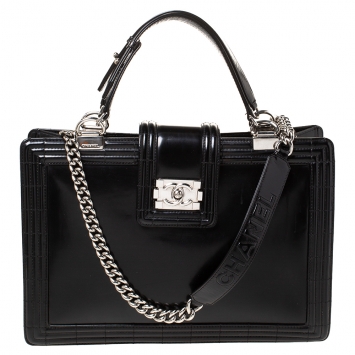 Pre Owned Chanel Black Patent Leather Large Boy Shopper Tote