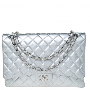 Pre Owned Chanel SIlver Quilted Leather Maxi Classic Single Flap Bag