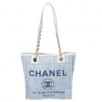 Pre Owned Chanel Light Blue/White Canvas Deauville Tote