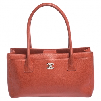 Pre Owned Chanel Orange Leather Small Cerf Executive Tote
