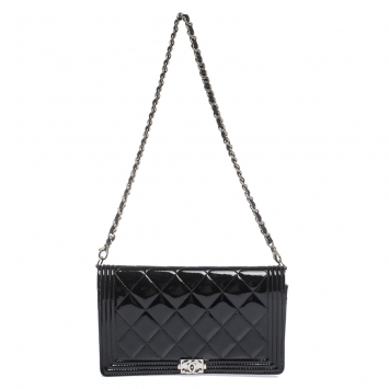 Pre Owned Chanel Black Quilted Patent Leather Boy Wallet On Chain