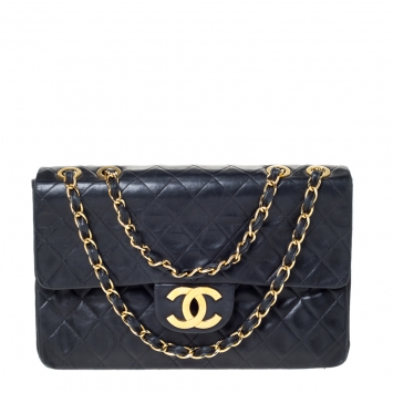 Pre Owned Chanel Black Quilted Lambskin Leather Maxi Vintage Classic Single Flap Bag
