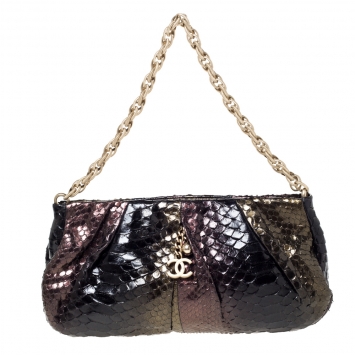 Pre Owned Chanel Metallic Multicolor Pleated Python CC Chain Frame Bag