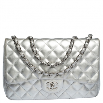 Pre Owned Chanel Silver Quilted Leather Jumbo Classic Single Flap Bag