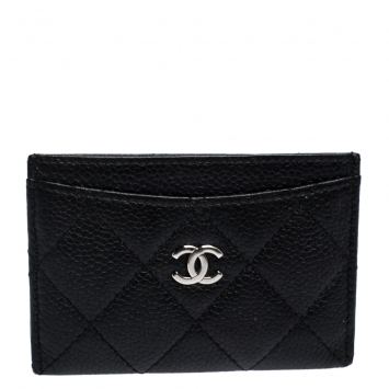 Pre Owned Chanel Black Quilted Caviar Leather CC Card Case