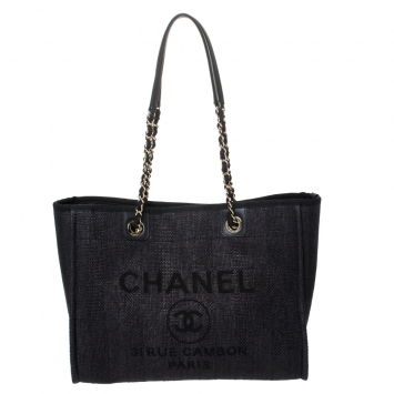Pre Owned Chanel Black Straw and Leather Small Deauville Shopper Tote