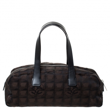 Pre Owned Chanel Dark Brown Printed Nylon Travel Ligne Bowler Bag