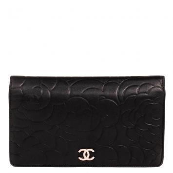 Pre Owned Chanel Black Embossed Leather Camellia Bifold Flap Wallet