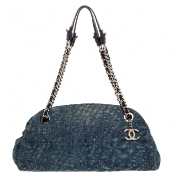 Pre Owned Chanel Blue Camellia Embroidered Denim Just Mademoiselle Bowling Bag