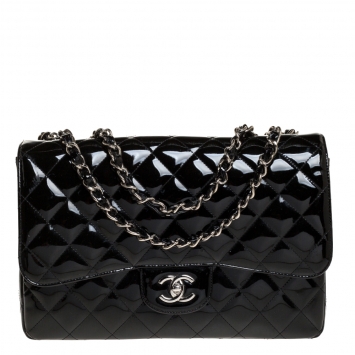 Pre Owned Chanel Black Quilted Patent Leather Jumbo Classic Single Flap Bag