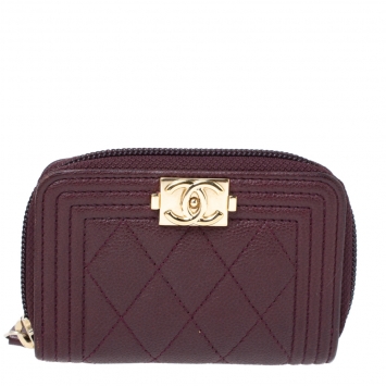 Pre Owned Chanel Burgundy Quilted Caviar Leather Boy Zip-Around Coin Purse