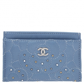 Pre Owned Chanel Light Blue Leather Crystal Embellished Camellia Embossed Card Holder