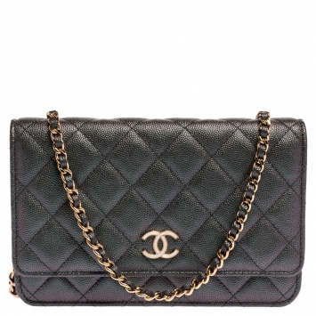 Pre Owned Chanel Holographic Quilted Caviar Leather Classic Wallet On Chain 
