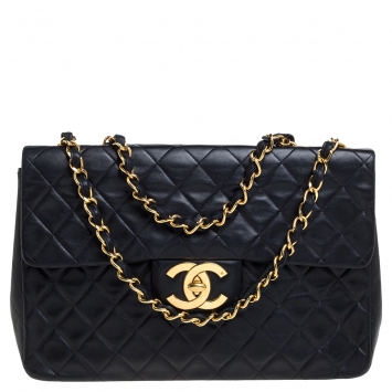 Pre Owned Chanel Black Quilted Leather Maxi Vintage Classic Single Flap Bag