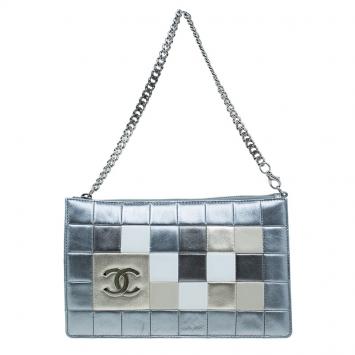 Pre Owned Chanel Silver Multicolor Square Quilted Wristlet Clutch