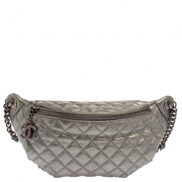 Pre Owned Chanel Metallic Grey Quilted Leather Banane Waist Bag
