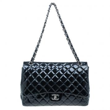 Pre Owned Chanel Black Quilted Patent Leather Maxi Classic Single Flap Bag