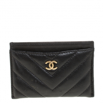 Pre Owned Chanel Black Chevron Leather CC Classic Card Holder