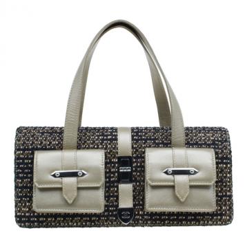 Pre Owned Chanel Gold Tweed Double Pocket Satchel Bag